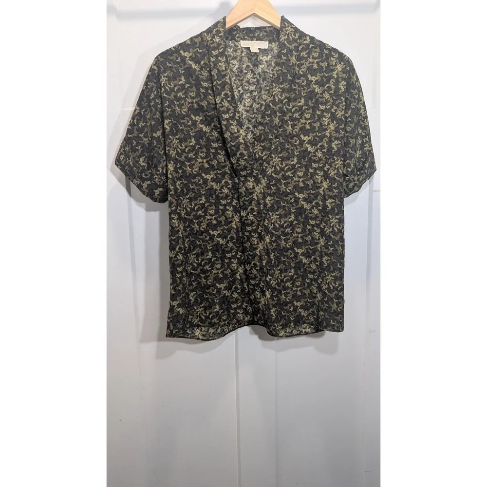 Michael Michael Kors Womens M Butterfly‎ Print Polyester Blouse Olive Gold